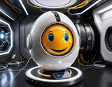 robot in the form of an egg with a yolk instead of a head with a smile in a futuristic environment. Generated AI