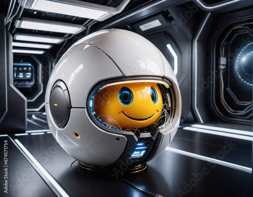 robot in the form of an egg with a yolk instead of a head with a smile in a futuristic environment. Generated AI