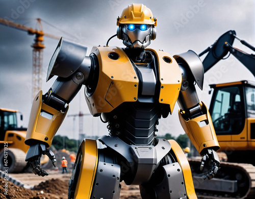 humanoid robot cyborg in a mechanical suit against the background of a construction site. Generated AI