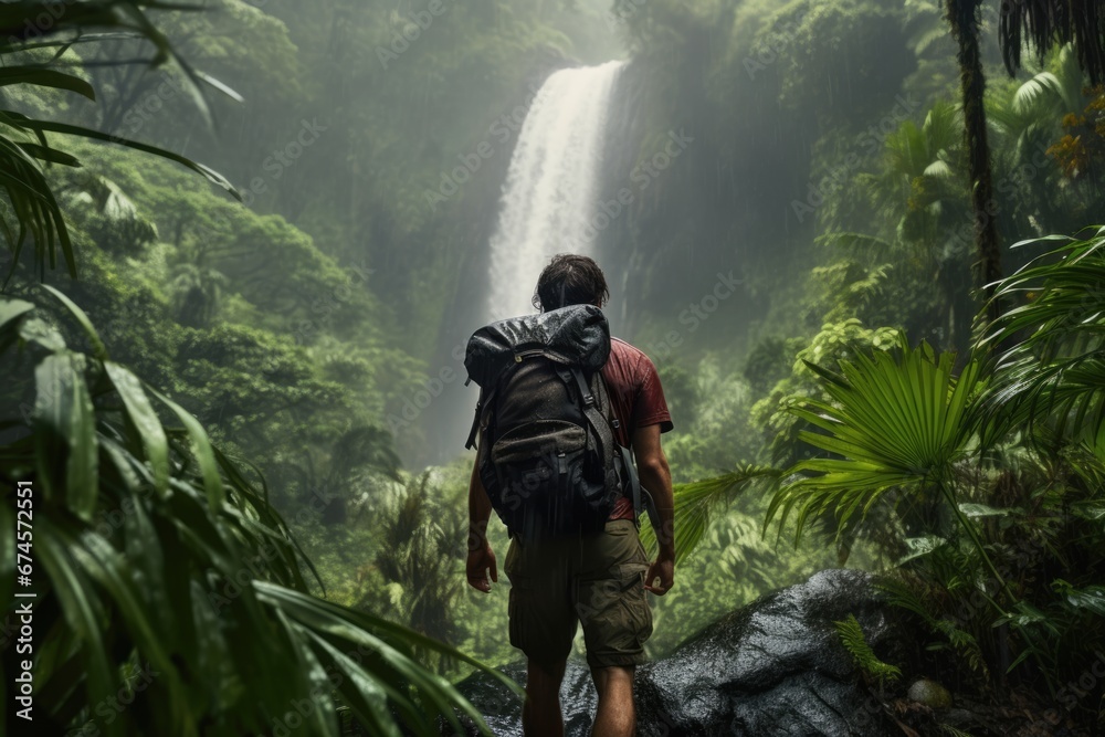 Back view of a hiker walking in a tropical jungle rainforest. Vacation travel concept.
