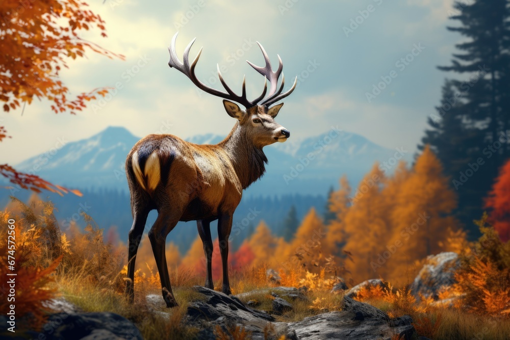 Fototapeta premium Male deer with antlers stand in forest in Autumn with beautiful foliage.