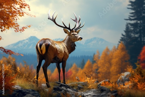 Male deer with antlers stand in forest in Autumn with beautiful foliage.