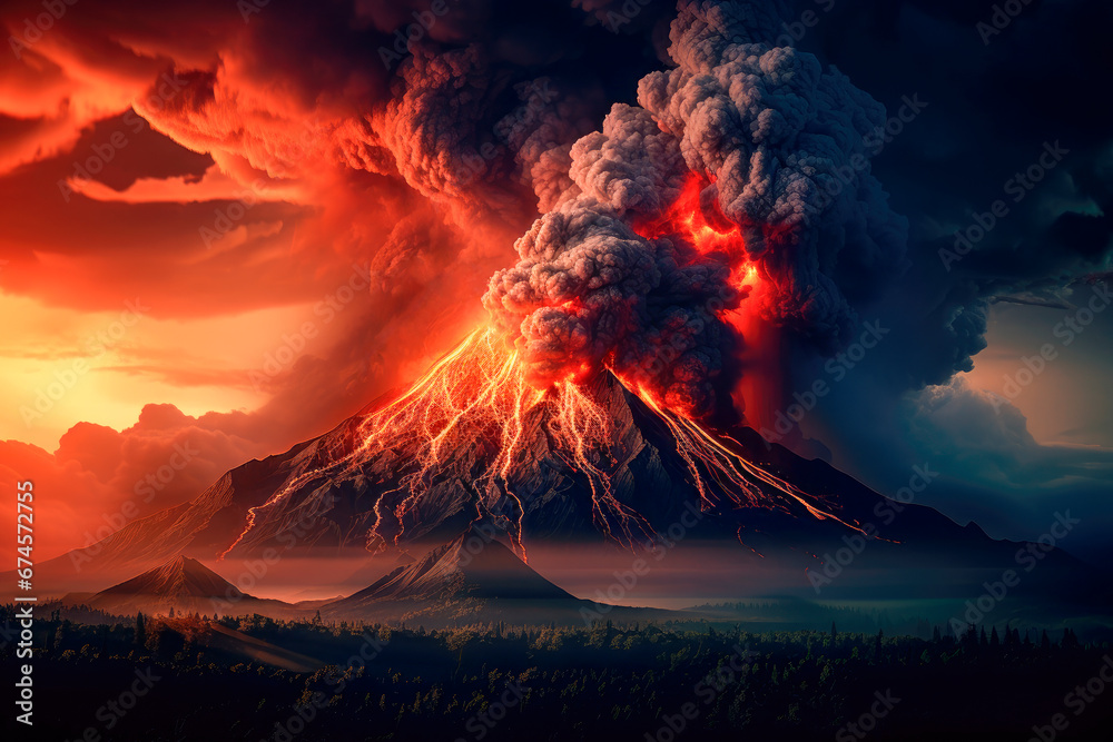 Red glowing lava flows from a volcano .Volcano eruption, flowing magma, dangerous clouds and dark environment.