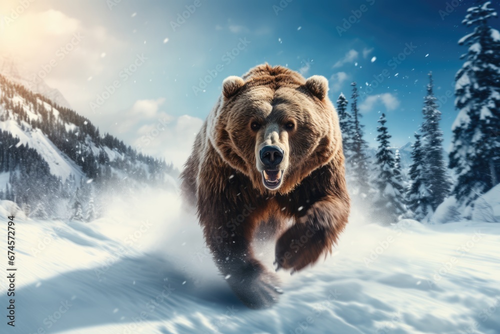 Grizzly bear stand in wild in Winter forest with snow. Grizzly bear stand in wild in Winter forest with snow.