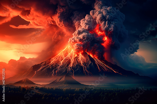 Red glowing lava flows from a volcano .Volcano eruption, flowing magma, dangerous clouds and dark environment.