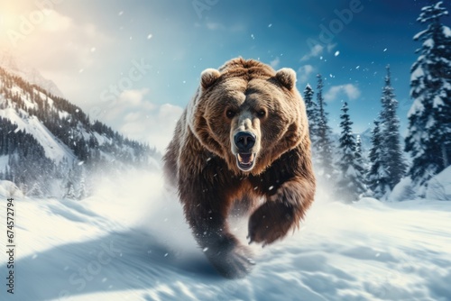 Grizzly bear stand in wild in Winter forest with snow. © rabbit75_fot