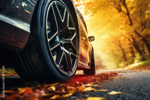 Car driving in Autumn woods with beautiful Fall foliage colors. Autumn seasonal concept.