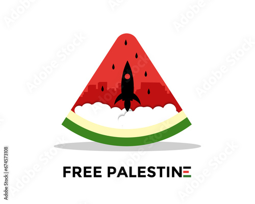 Free Palestine With Watermelon And Rocket For Symbol Of Protest