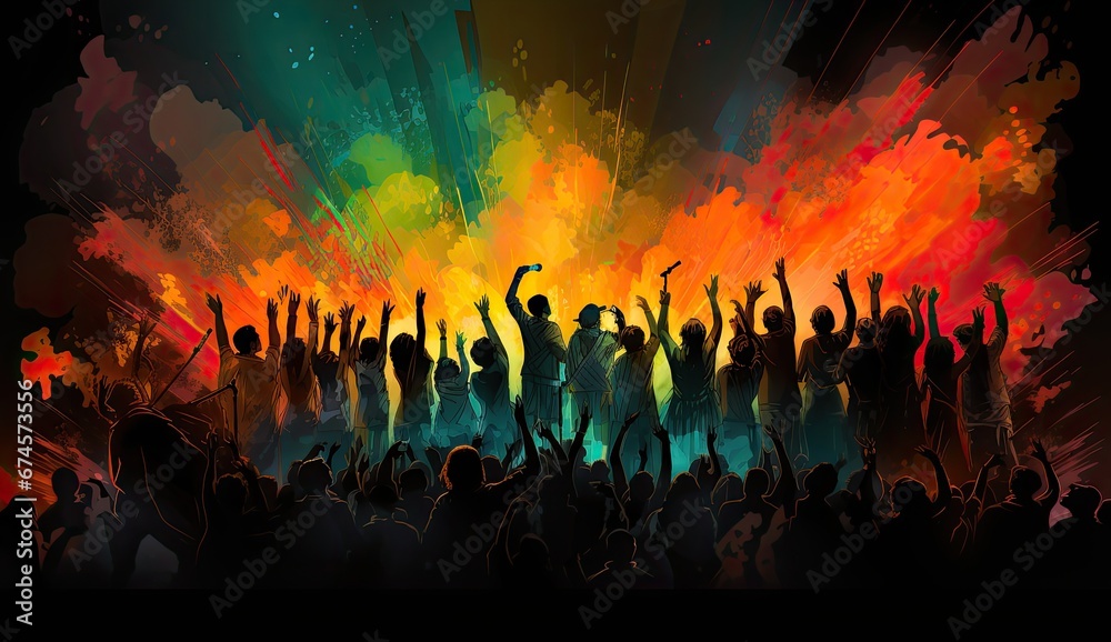 Tłum ludzi na koncercie z kolorowymi światłami wychodzącymi ze sceny muzycznej.   - obrazy, fototapety, plakaty 