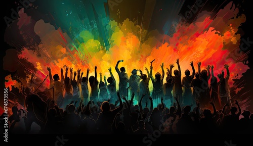 Tłum ludzi na koncercie z kolorowymi światłami wychodzącymi ze sceny muzycznej. 