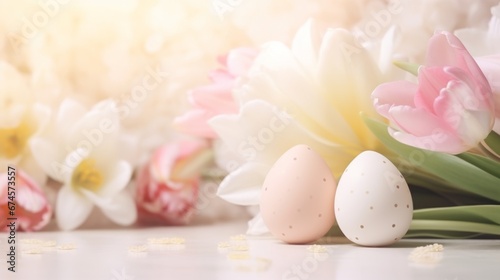 Easter holiday illustration. wo Easter eggs against the background of delicate spring tulips