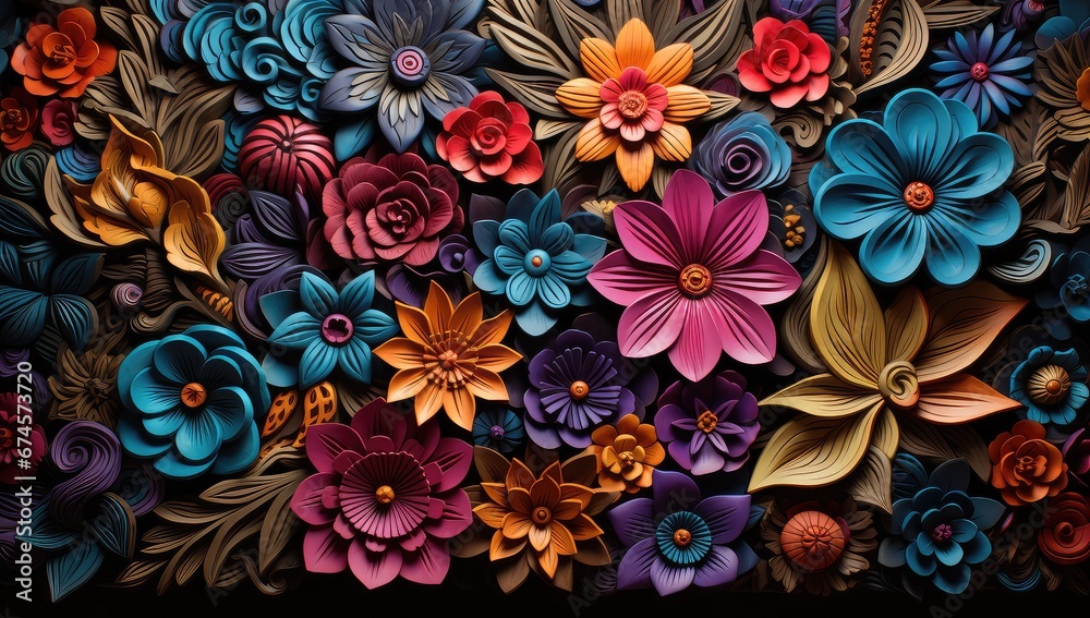 Florystyczna tekstura złożona z kwiatów i liści.  - obrazy, fototapety, plakaty 