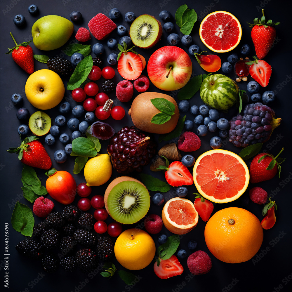 flatlay, set of full and sliced fruits, bananas, strawberries, almonds, mangoes, apples and other fruits, healthy and delicious food flatlay, set of full and sliced fruits, bananas, strawberries, almonds, mangoes, apples and other fruits, healthy and delicious food