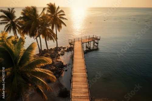 High angle view of a path leading to a small island in sea water with palm trees. Summer tropical vacation concept.