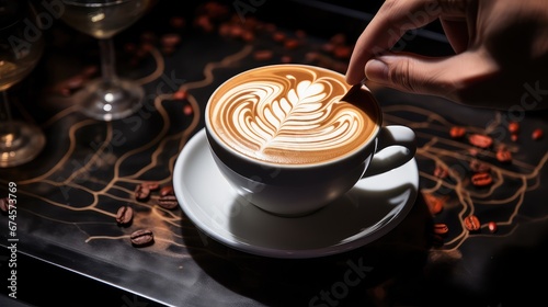 Barista's hand create patterns on the surface of cappuccino coffee