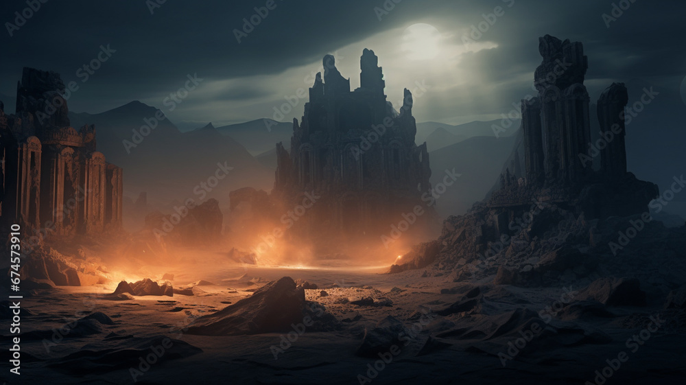 dark fantasy landscape with moon