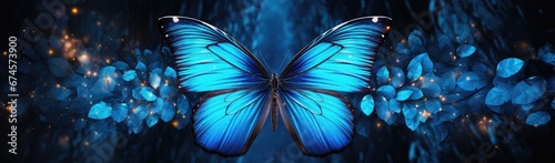 Piękny niebieski motyl na kolorowych kwiatach. 