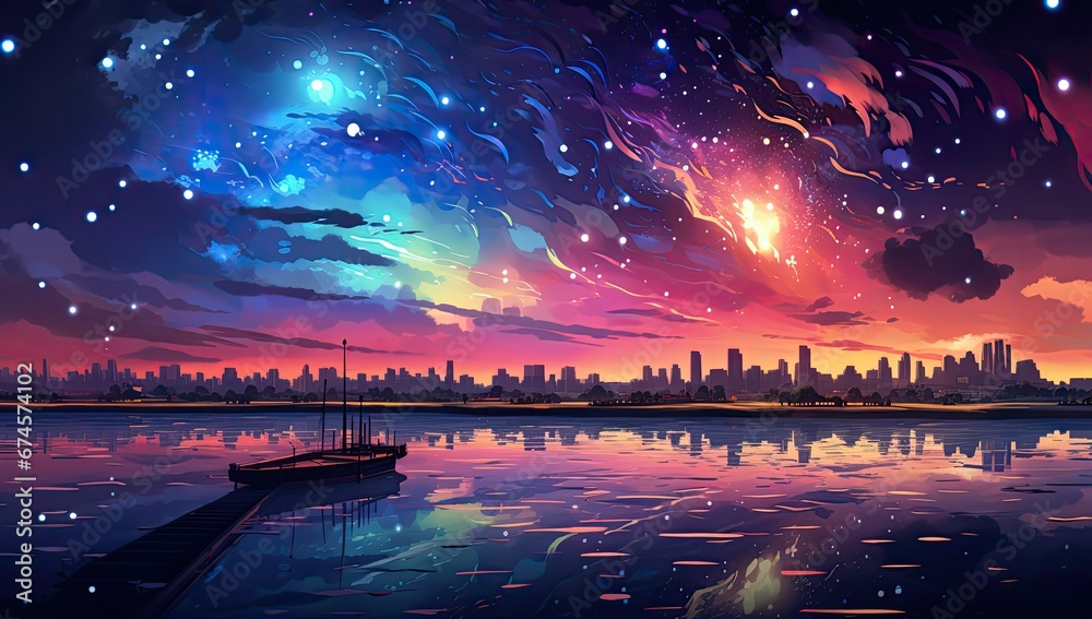 Krajobraz miasta z kolorowymi światłami na nocnym niebie.  - obrazy, fototapety, plakaty 