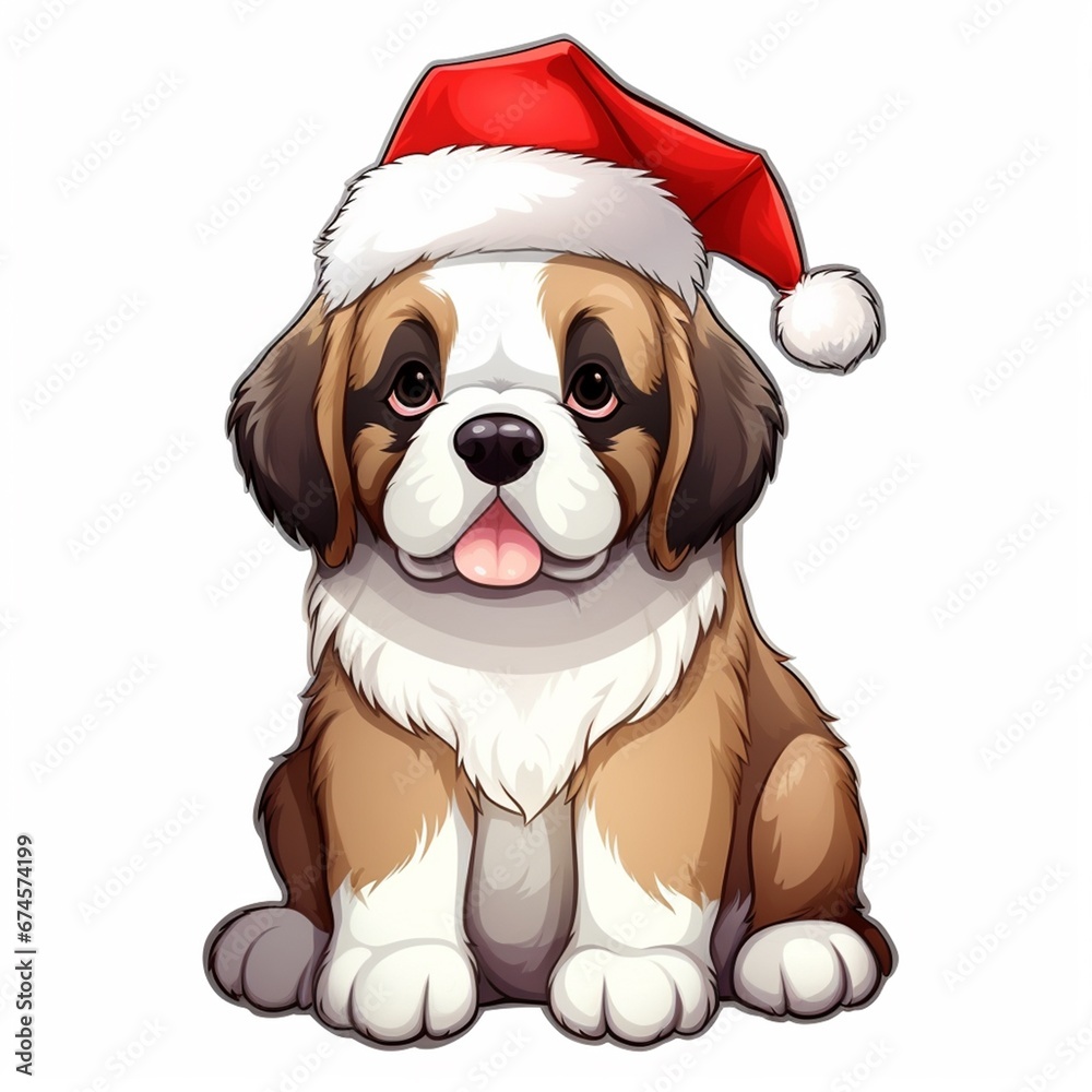 Kawaii cute St. Bernard dog in Santa hat at Christmas