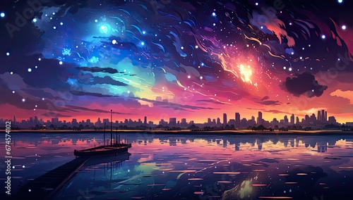 Krajobraz miasta z kolorowymi światłami na nocnym niebie. 