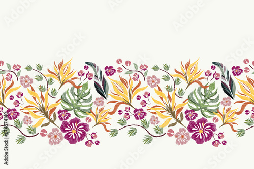 Floral frame border pattern seamless flowers jungle background border embroidery Ikat vector illustration. Hand drawn bird of paradise heliconia hibiscus orchid and leaf. 