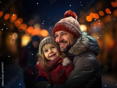 Father and daughter in holiday street with lights in Winter. Winter seasonal concept.