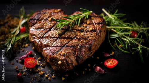 Grilled beef steak in shape of heart for Valentines day on a black background top view with copy space photo