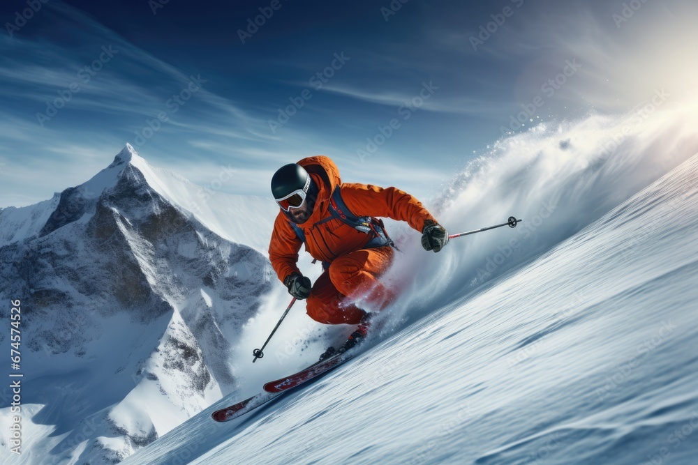 Man ski down a high snow covered mountain with forest. Winter seasonal concept.