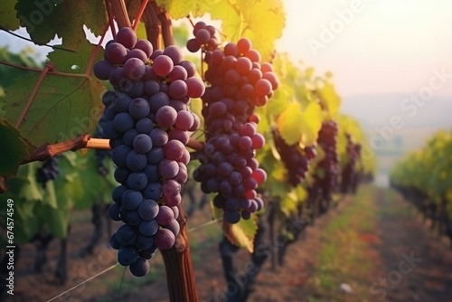 Fresh grape on vine in fog in Autumn to be harvested. Healthy fruit. Autumn seasonal concept.