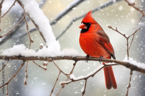 Close-up view of red northern cardinal rest on tree in snow in Winter.