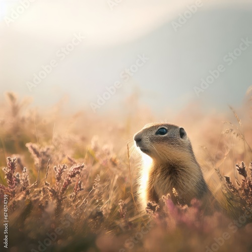 portrait of a groundhog in the yellow grass animal background for social media © Deanmon