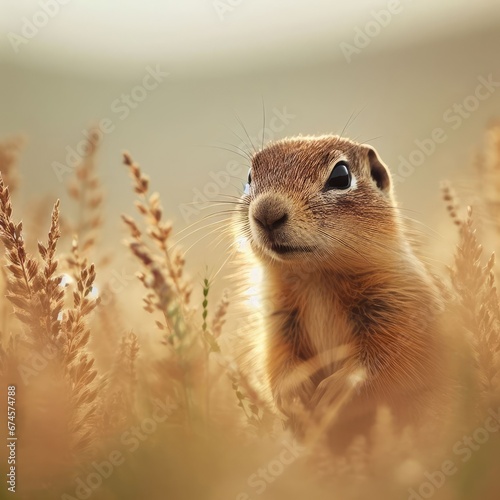 portrait of a groundhog in the yellow grass animal background for social media