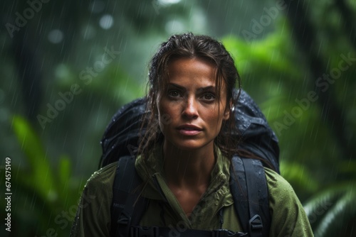 A female hiker walking in rainforest. Outdoor travel concept.