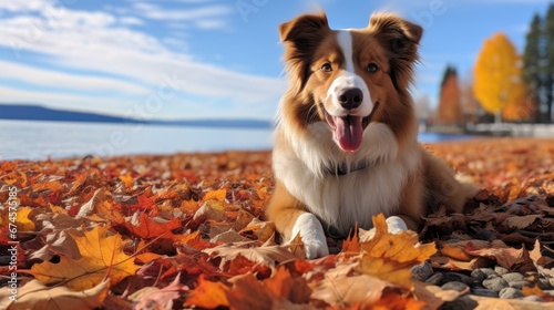 DOG in a park during the autumn seaason  red maple leaves and bokeh light  background of lake view in the morning. 