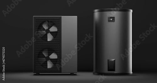 rotating fan of a heat pump energy as a heater and alternative energy with storage tank - 3D Animation 4k 60 fps DCI seamless loop 