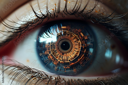 Close-up view of a Robot eye, Displaying intricate details such as iris texture, Eyelashes, and skin texture, Premium Quality image