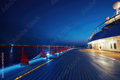 Luxury cruise ship deck view at dusk in sea. Vacation travel concept.