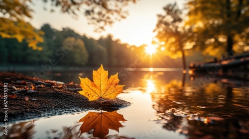 "Chasing Fall's Beauty: Colorful Travel and Rest" red maple leaves and bokeh light, background of lake view in the morning. 