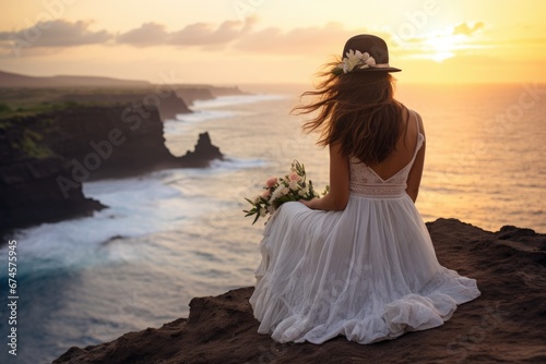 Lovely graceful lady sit by beach with a wedding floral boutique at sunset with beautiful seascape. Summer tropical vacation concept.
