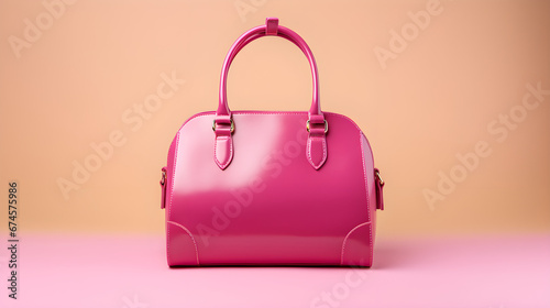 Women bag isolated on pink background. Front view of genuine full grain leather lady shopping bag. Womens top handle shopper