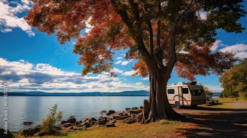 "Restful Autumn Retreat: Embracing Nature's Colors" small travel van with maple leaves and bokeh light, background of lake view in the morning. 