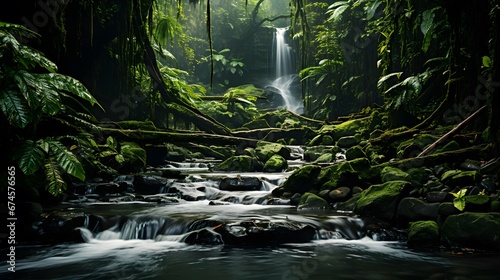 Panorama of waterfall in deep rainforest with rocks and greenery