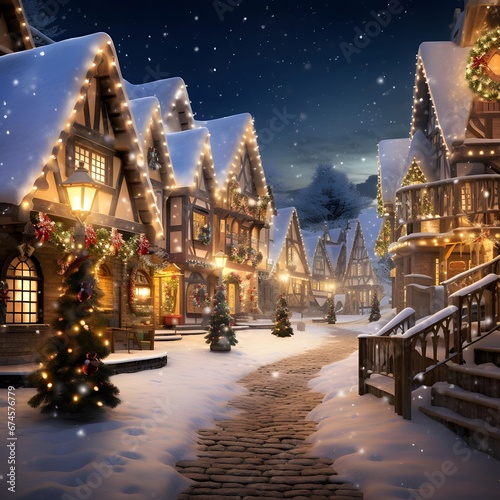 Christmas village in the snow at night. Christmas and New Year concept.