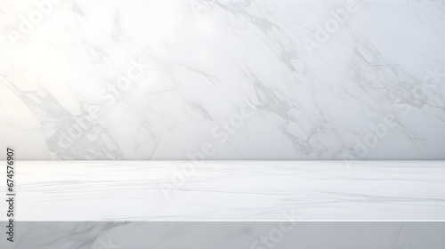 Luxury white marble table with natural light shadows on white wall for product placement display. Modern minimal interior design with trendy neutral aesthetic for beauty cosmetics scene.