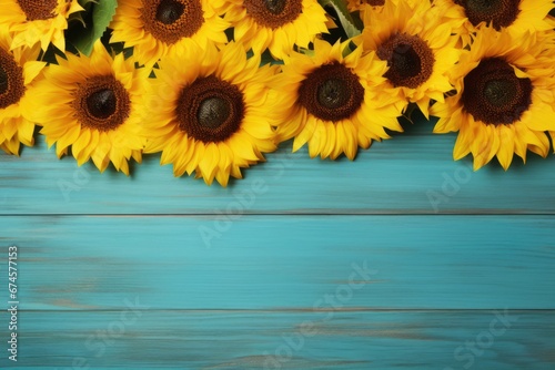 Sunflower placed on blue wood background. Summer concept.