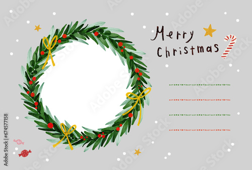 写真が入れられるクリスマスリースの横型ポストカード ・よこ型  写真立てカード 灰色 グレー photo