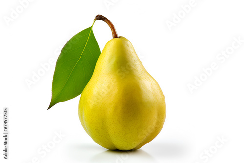 Yellow pear with green leaf on white background