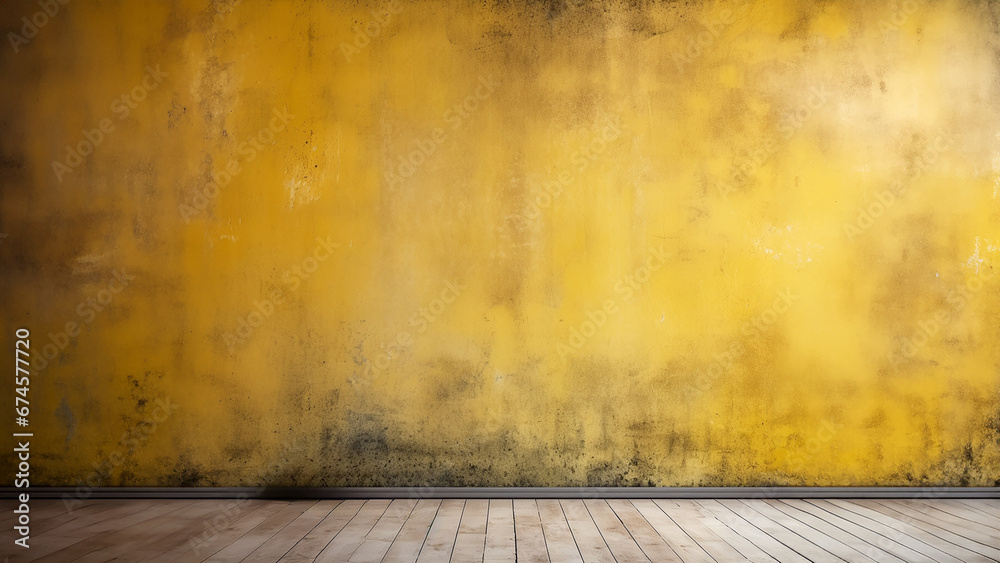 Pared amarilla con textura con suelo de madera - obrazy, fototapety, plakaty 