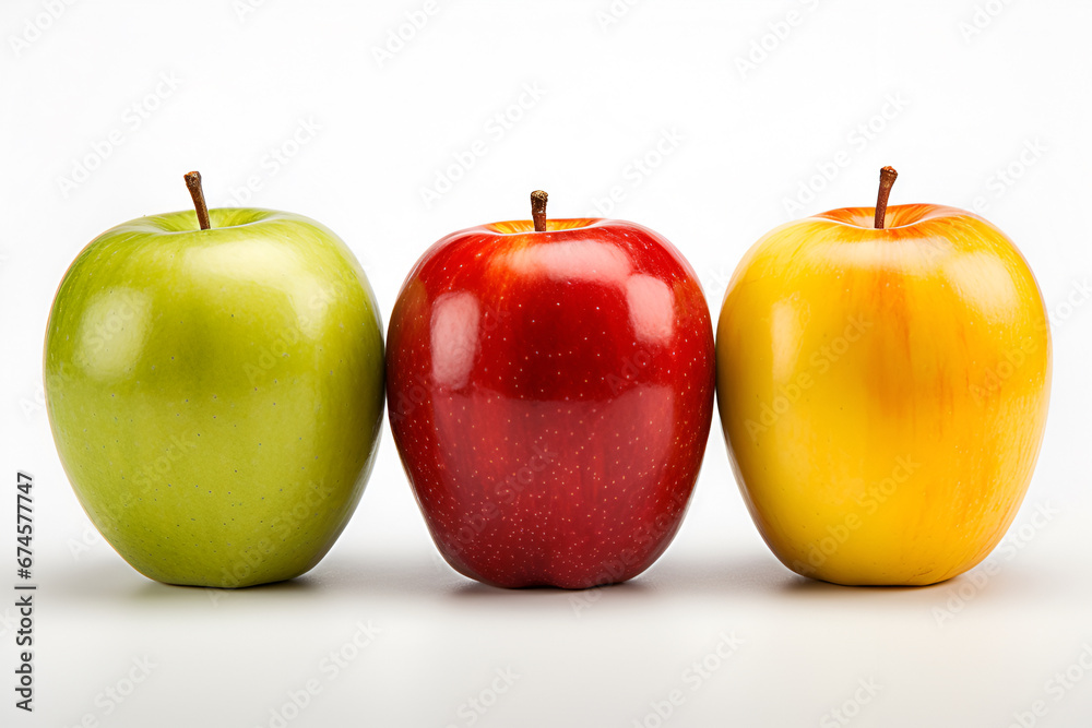 Three apples, red, green and yellow on a white background Three apples, red, green and yellow on a white background