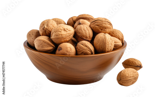Tasty Nuts With Brown Bowl Isolated On Transparent Background PNG.